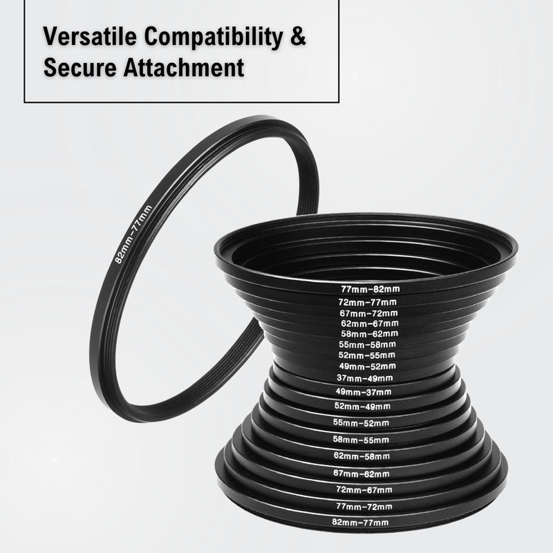 [AUSTRALIA] - 18-Piece Filter Ring Adapter Set - 9X Step-Up Rings and 9X Step-Down Rings for Lens Filters, Lens Hoods, and Lens Converters - Includes 4X Microfiber Cleaning Cloths (7x6 Inches) Step Up + Down Lens Filter Adapter Kit - Set of 18 