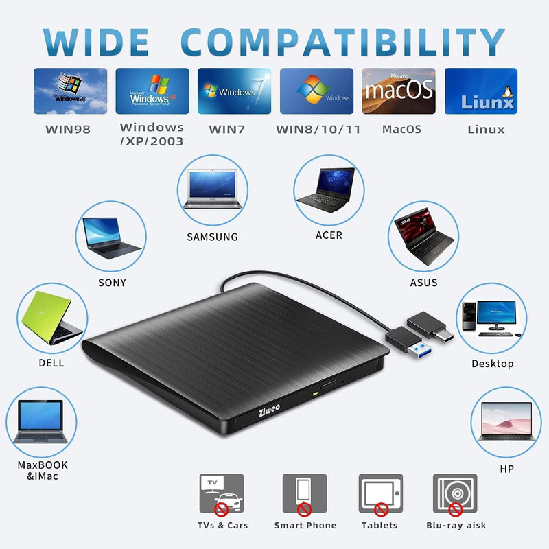 Ziweo External DVD Drive USB 3.0 Type-C CD Burner Portable CD +/-RW Drive DVD Player for ROM Rewriter Burner Compatible with Laptop Desktop PC Windows MacBook Linux Mac OS