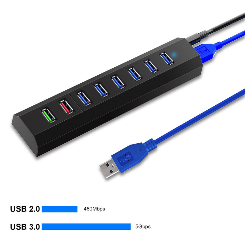 8-Port USB Hub, RAOYI USB Hub 3.0 Powered, 6 Port USB 3.0 Data Hub with 12V Power Adapter, 3.3ft USB Cable for MacBook, Mouse, Laptop, PC, USB Flash Drives, HDD Hard Drive (Black) Black