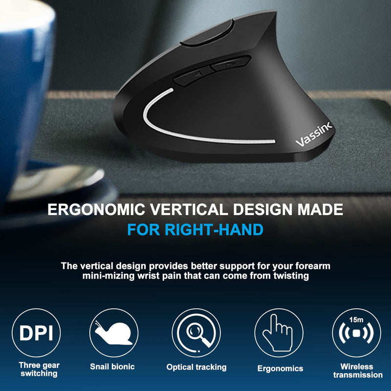 Vassink Wireless Mouse Ergonomic Mouse Rechargeable Vertical Optical Mice with USB Receiver, 6 Buttons 2.4GHz Adjustable DPI 800/1200/1600 for PC Computer,Laptop,etc（Black） Black2