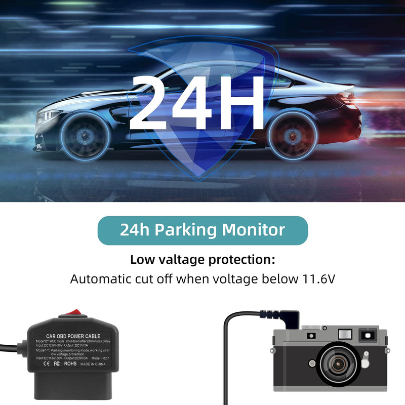 GELRHONR OBD Power Cable for Dash Camera, OBD2 Diagnostic Extension Adapter to 90Degree Mini USB with Switch Button, 24 Hours Surveillance/Acc Mode 12-24V to 5V/3A, for Dashcam, GPS -3.5M/11.5Ft
