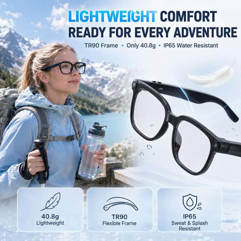 AI Smart Glasses with 8MP Camera, 6-Axis EIS 1200P Video Recording Sunglasses, Bluetooth 5.4 Open-Ear Audio with ChatGPT Translation for Cycling & Vlogging, 42g Lightweight Shiny Black02