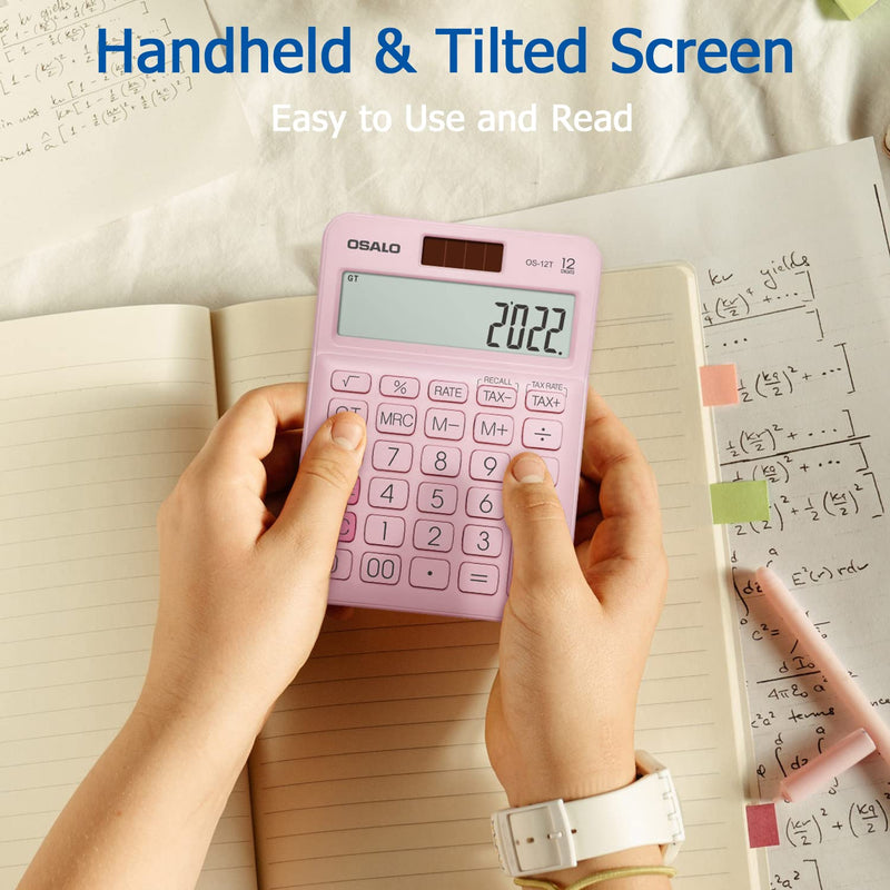 Pocket Small Size Desk Calculator, 12 Digit Large LCD Display, Basic Tax Function Handheld Desktop Calculator with Solar Battery Dual Power, Perfect for Office, School, Business OS-12T (Pink) 12T-Pink