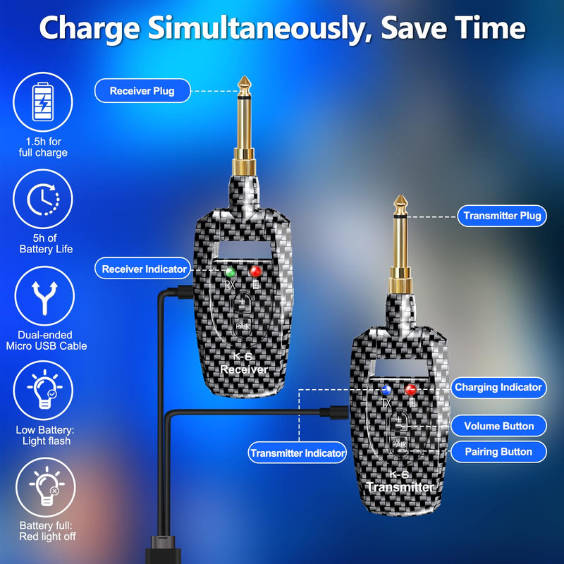 [AUSTRALIA] - Wireless Guitar System 2.4GHz Transmitter Receiver, 24-bit 48KHz Audio, 100ft Range, Rechargeable 5-Hour Battery, 250° Rotating Plug, No Latency for Electric Bass, Guitar Accessories K6 