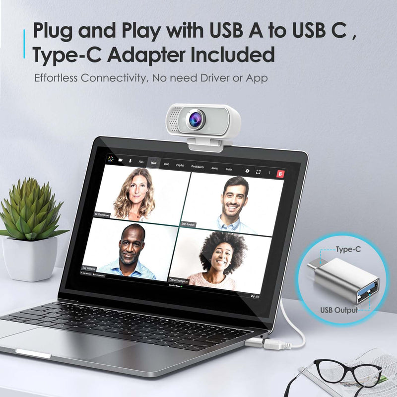 Webcam with Tripod Privacy Shutter: 1080P FHD Web Camera with Mic, Plug & Play USB A USB C Webcam with Stand, White Wide Angle Noise-Canceling Microphone Compact Web Cam for Online Meeting Classes White USB-C Webcam Cover & Tripod