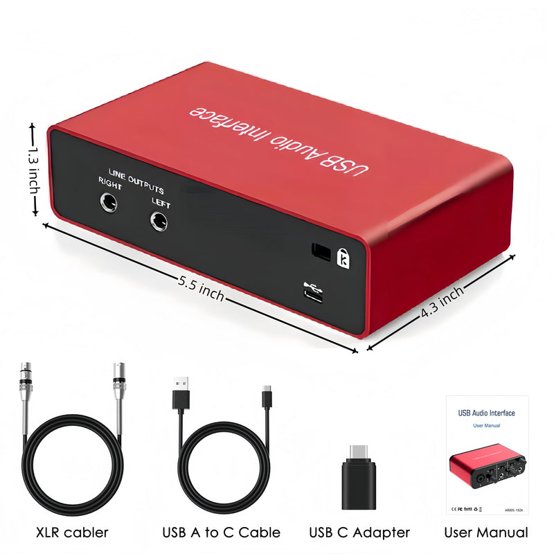 USB Audio Interface for PC, 48V Phantom Power Audio Interface for Computer Recording Music, Podcasting, and Streaming, 24-Bit/192kHz, XLR & 1/4” Combo Connectors, LINE/INST Input