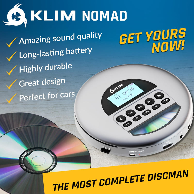 KLIM Nomad - New Version - Portable CD Player Walkman with Long-Lasting Battery - with Headphones - Radio FM - Compatible MP3 CD Player Portable - TF Card Radio FM Bluetooth - Ideal for Cars - Grey