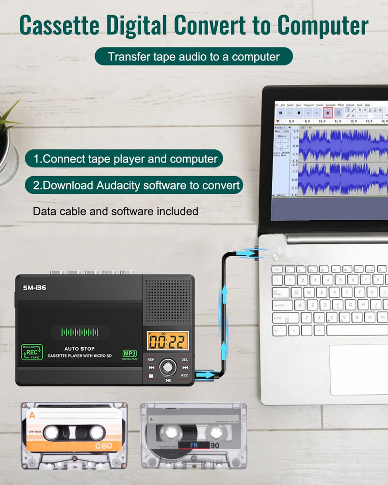 Portable Cassette Tape Player Recorder, Walkman Audio Cassette to Digital Converter via USB C or SD Card, LCD Dispaly, Build-in Microphone, Headphone Jack, Speaker, 16GB SD Card