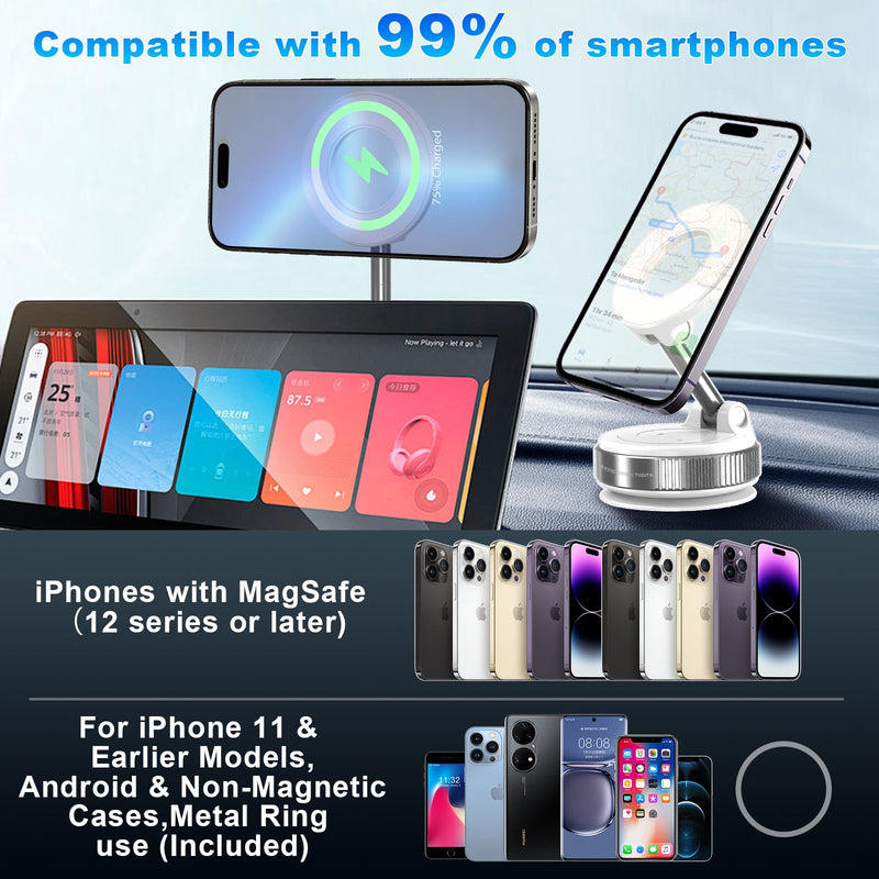 Vacuum Magnetic Phone Holders for Your Car, 360° Adjustable Car Phone Holder for Magsafe with Powerful Magnet, Folding Car Mount for iPhone 17 Pro Max 16 15 14 13 12 Air Plus & Android White