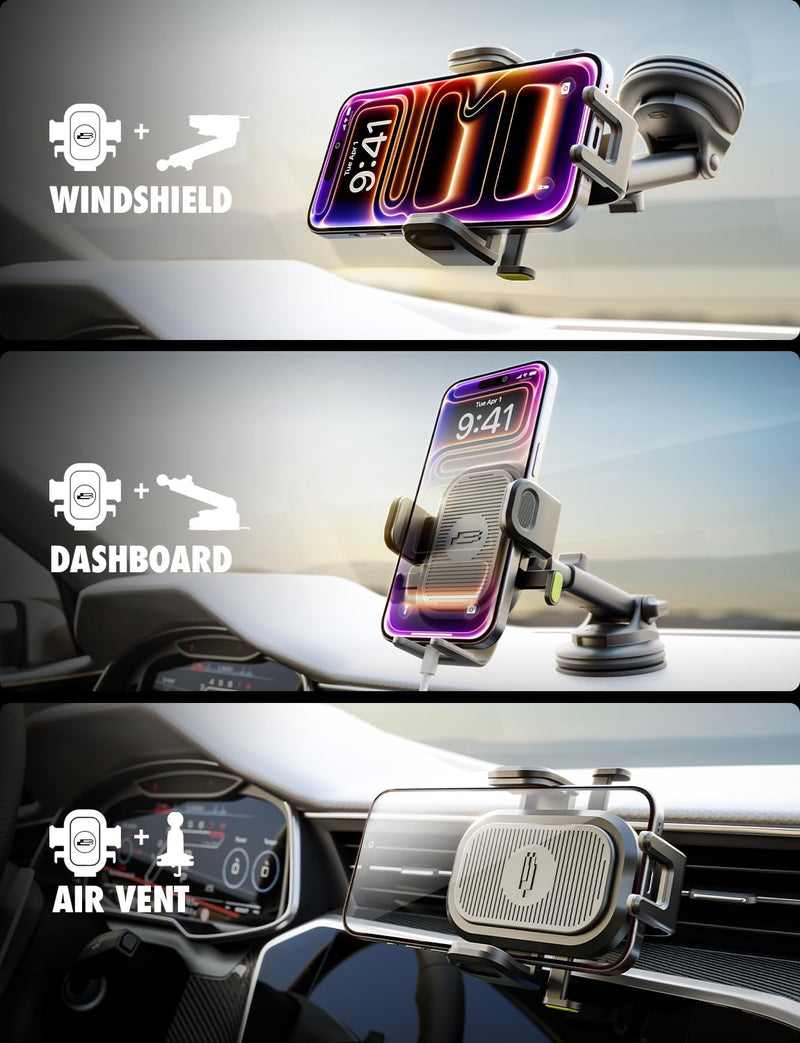Bracketron Easy OneClick 3-in-1 Truck Phone Holder, Dash Vent & Windshield | Heavy-duty suction cup phone mount with 360° telescoping arm and hands-free clamp for trucks and vehicles Dashboard & Windshield & Air Vent