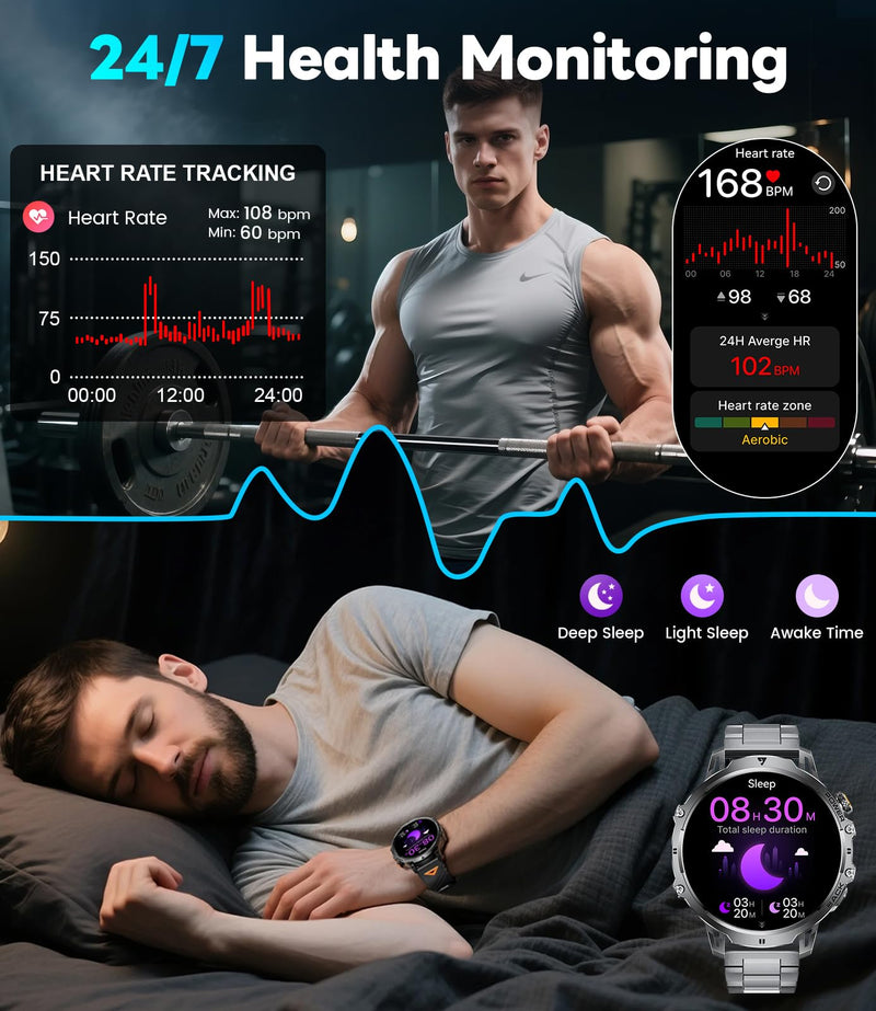 LIGE Military Smart Watches for Men(2 Bands),1000mAh/1.85" HD Large Screen Smartwatch, Flashlight/110+ Sports Modes/Sleep Monitor, Fitness Tracker Watch for Android iOS,Black Black
