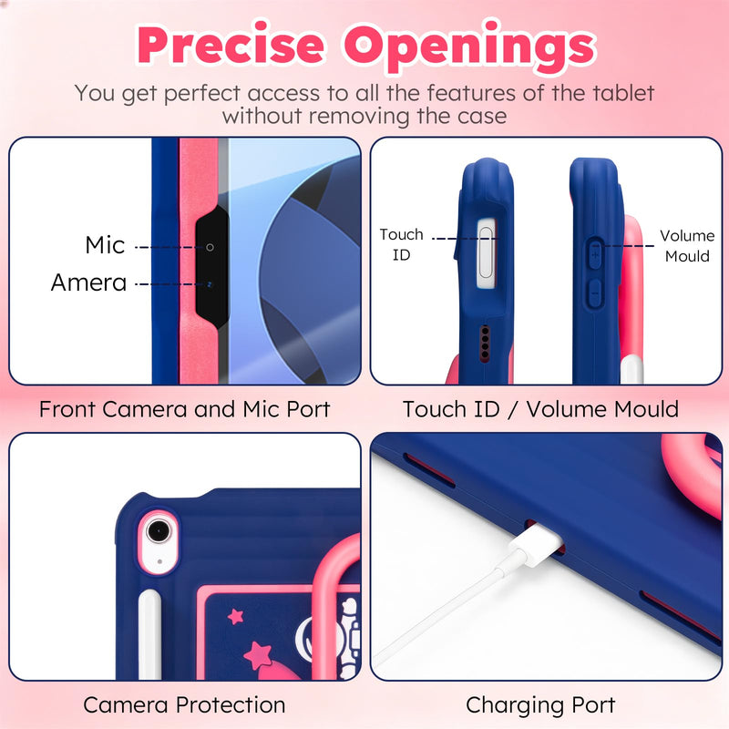 Kids Case for iPad (A16) 11th/10th Generation 10.9"/11" 2025/2022 Release | DJ&RPPQ With Screen Protector, Degree Fold Handle Stand, Shoulder Strap, Pencil Holder for ipad A16 case kids Navy Pink Pink Blue