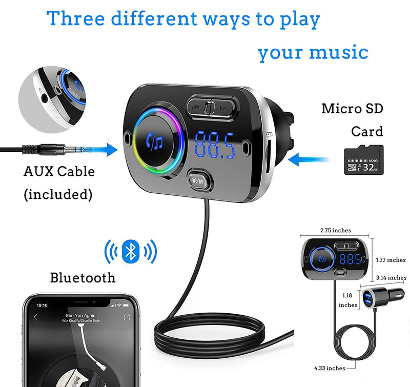 [AUSTRALIA] - FM Transmitter Bluetooth 5.0 Hands-Free Car Kit with Quick Charge QC 3.0 Car Radio Adapter with Microphone CVC Noise Reduction 