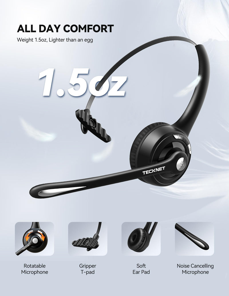 TECKNET Bluetooth Headset, Wireless Headset with Noise Canceling Microphone for Trucker, On-Ear Bluetooth Headphone with Mute Mic for Work Black & White