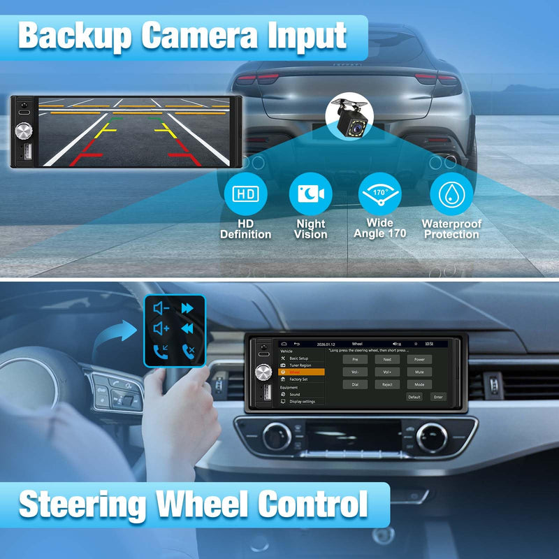 Single Din Radio Car Stereo with CarPlay & Android Auto, 6.28 Inch HD Touch CarPlay Screen, Backup Cam,Bluetooth, MP5,USB Type-C, SWC, EQ, FM Radio with External Mic black
