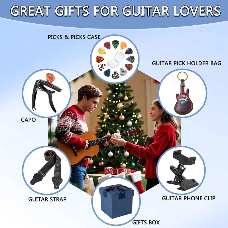 Guitar Accessories Kit gifts,Guitar Capo,Strap,Picks,Guitar pick holder bag,picks box,Phone Clip,Accessories for Acoustic,Bass, Electric & Ukulele