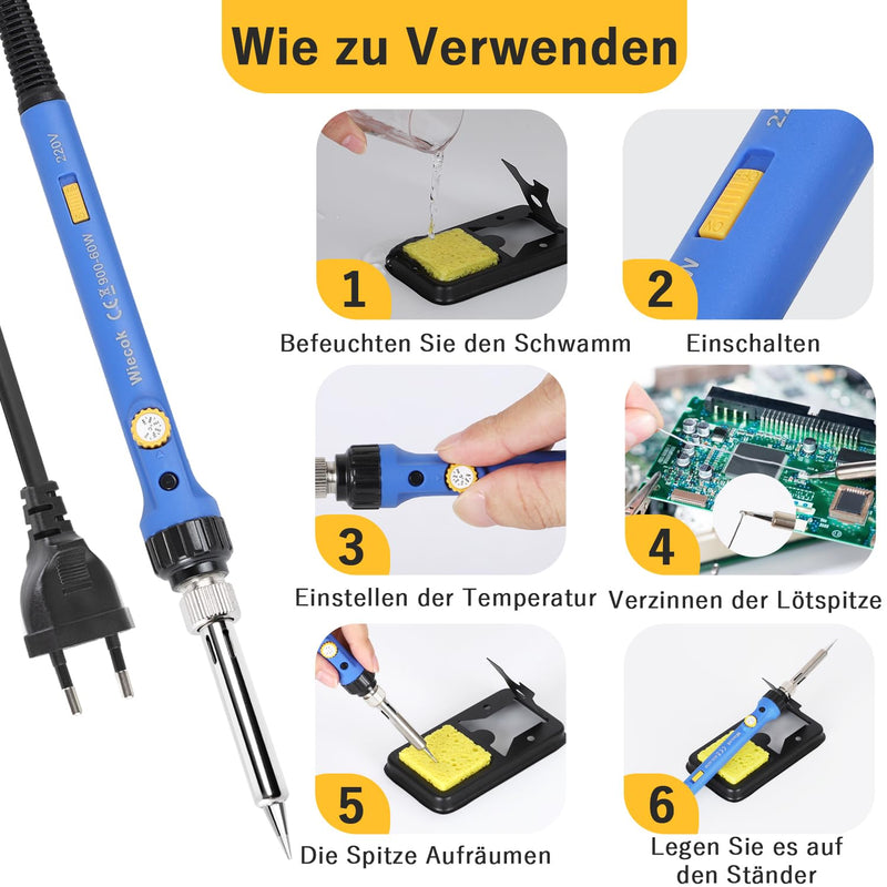 [AUSTRALIA] - Soldering Iron 60 W, Soldering Iron Set with Solder, Temperature Adjustable 220-480 °C, On/Off Switch, 30 g Soldering Wire, 5 Soldering Tips, Soldering Iron Set for Electrical Engineering Repairs Blue- 1 