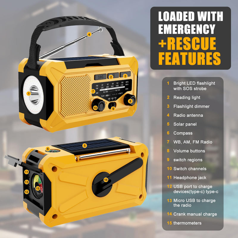 10000mAh Emergency Hand Crank Radio with LED Flashlight, AM/FM NOAA Portable Weather Alert Radio, Solar Powered Radio with Phone Charger, USB Charged, Headphone Jack, SOS Alarm, Compass (Yellow) yellow
