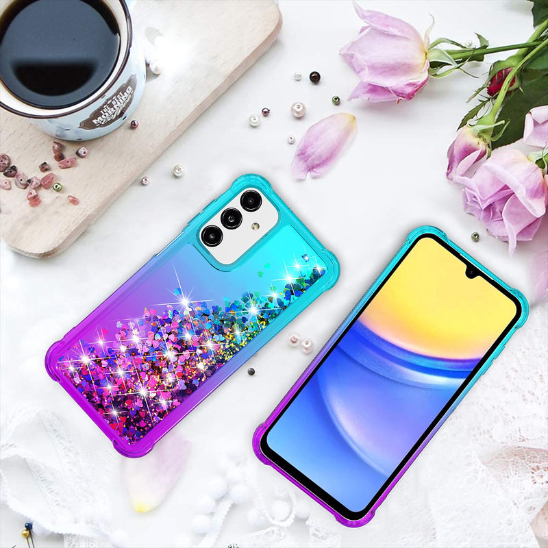 for Galaxy A15 5G Phone Case,Samsung Galaxy A15 5G Case,with HD Screen Protector,Gradient Quicksand Glitter Liquid Floating Cute Phone Case for Samsung A15 5G (Teal/Purple) Y Teal/Purple