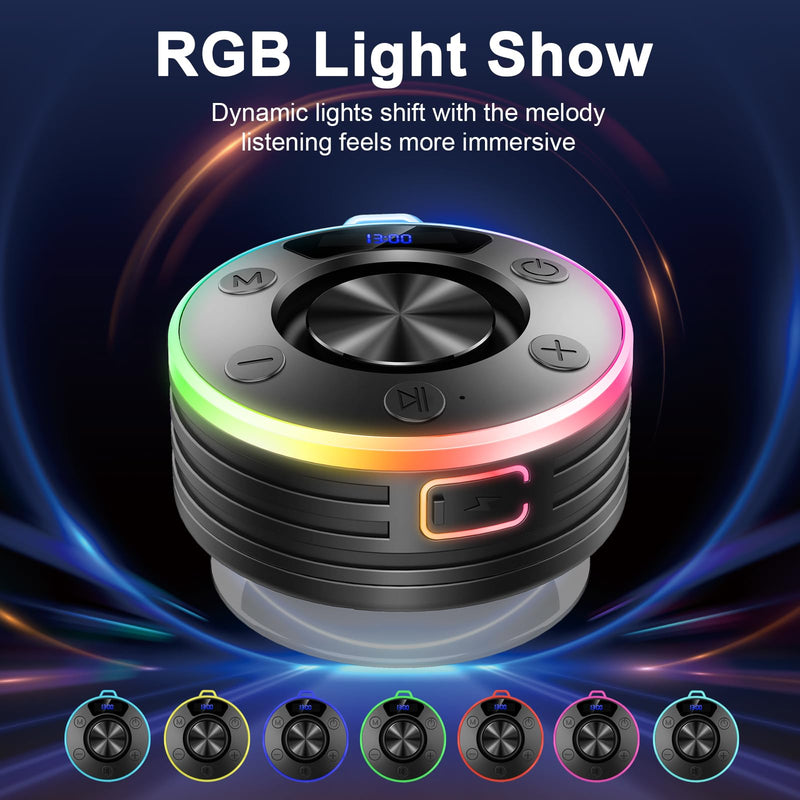 Bluetooth Speaker, Shower Speaker Stereo Sound, IPX7 Waterproof Speakers Bluetooth Wireless with RGB Light, Suction Cup, Hook, Digital Display, Portable Speakers for Gift Bathroom Party Beach, Black