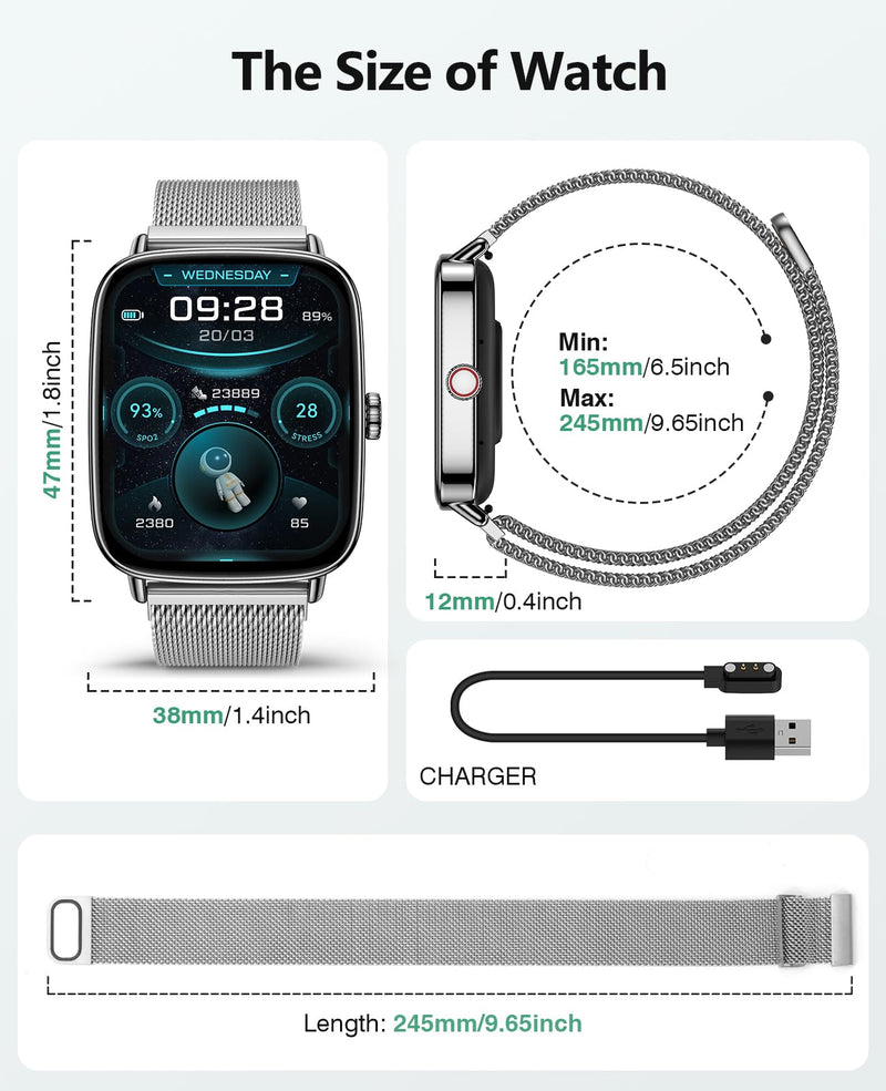 SOUYIE Smart Watches for Women Men, 1.85" AI Voice Smartwatch, 24/7 Heart Rate Monitor, Stress/SpO2/Sleep Tracker, IP68 Waterproof, Weather, 100+ Sports Fitness Tracker for Android iOS Silver Metal