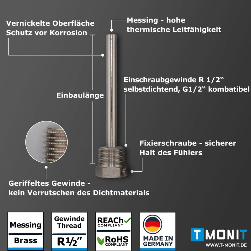 Tmonit - Immersion Sleeve Nickel-Plated Brass | 1/2 Inch | 100 mm Installation Length | for Temperature Sensor, Cable Sensor Heating
