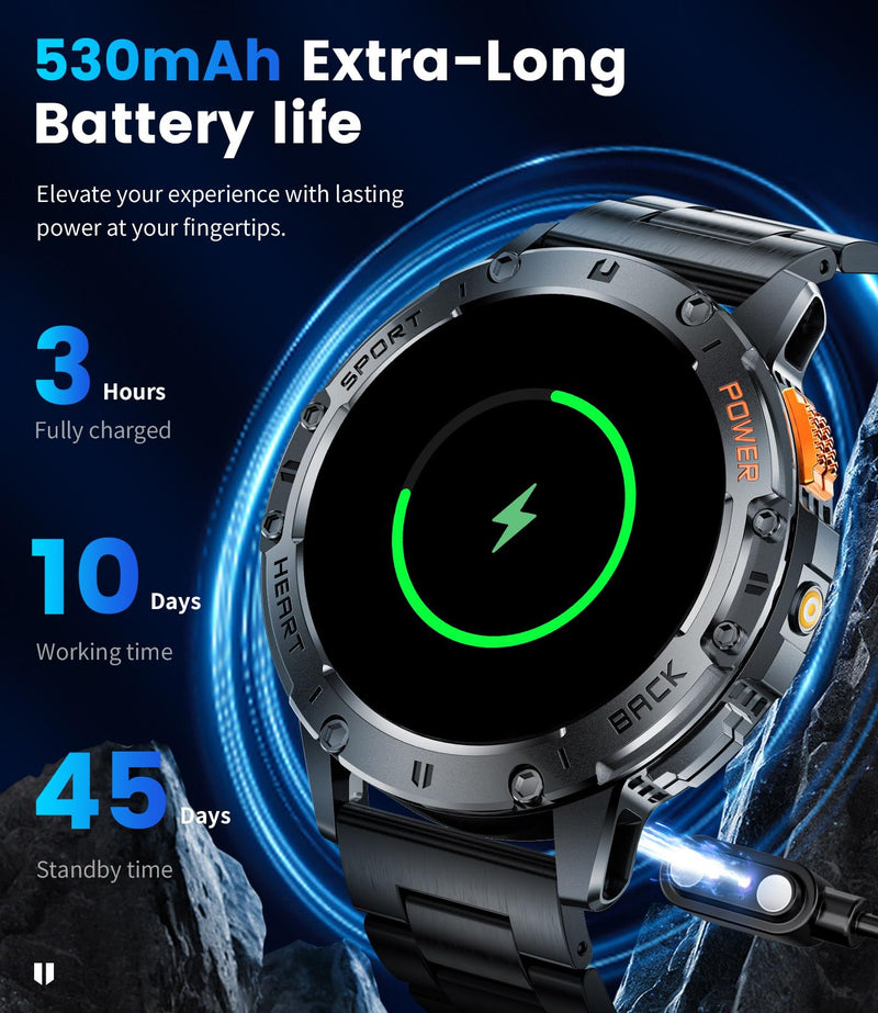 LIGE 1.43" AMOLED Smart Watch for Men with Flashlight, Bluetooth Calling, 100+ Sport Modes, 530mAh, IP68 Waterproof Fitness Tracker for Workout, iOS Android Compatible, Black Steel Camouflage Silicone