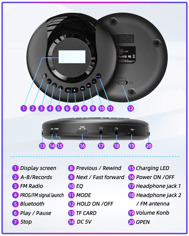 CD Player Portable ARAFUNA, Portable CD Player Bluetooth with FM Radio, 2000mAh Rechargeable CD Player for Car with LCD Screen, Anti Shock Protection Walkman CD Player with Headphone, AUX Cable Black