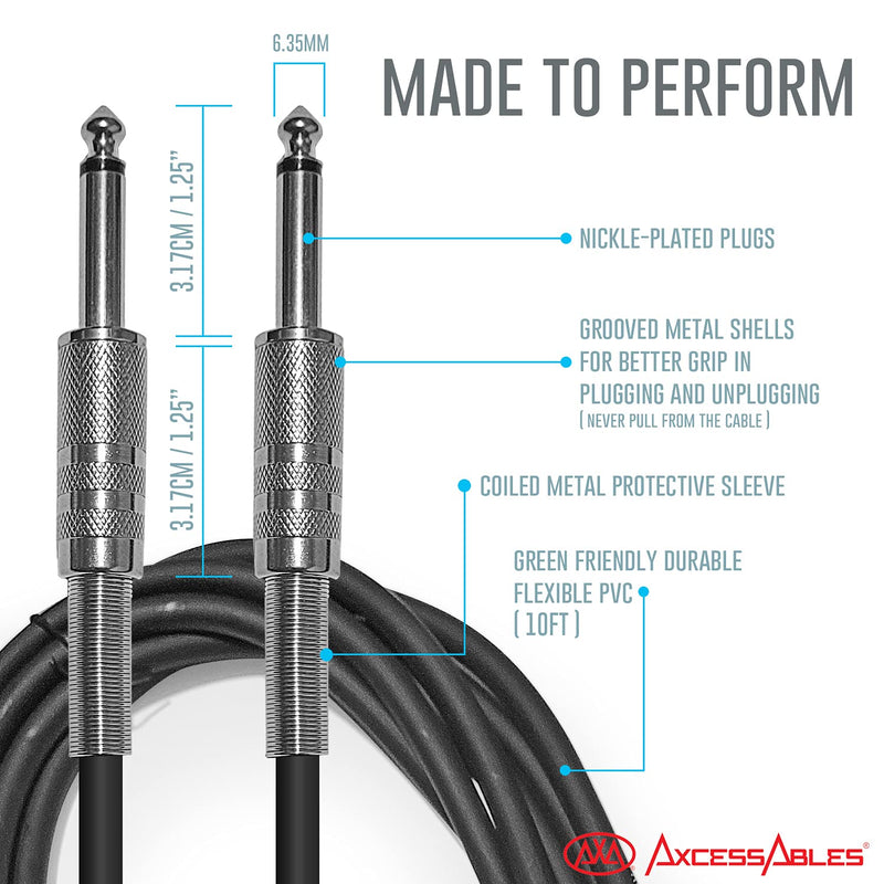 AxcessAbles 1/4-Inch TS Instrument Cables – 10ft Guitar & Amp Cables, 5-Pack | 6.35mm Audio Cord for Guitar, Bass, Keyboard, Amplifier, Speaker
