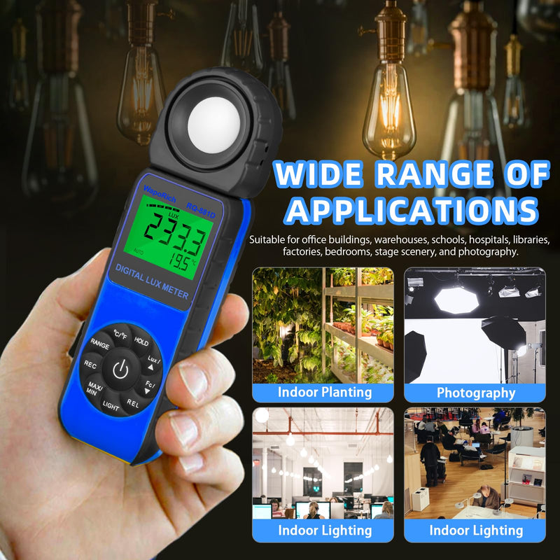 Digital Light Meter WapoRich RQ-881D Illuminance Tester w/Rotatable Sensor 1-400,000 Lux/FC for LED White Light, Plants, Photography, Home & Industrial Use