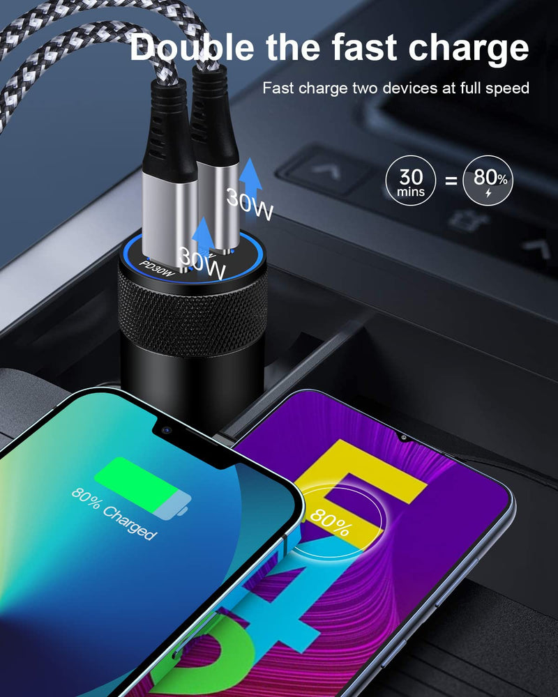 60W USB C Car Charger, 2 Pack AILKIN USB C Cigarette Lighter Adapter Fast Charging Dual Port PD3.0 Type C Car Charger Plug Compatible with iPhone 15 14 13 12 11 Pro Max Galaxy S24/S23/22 Pixel 8 7Pro Black