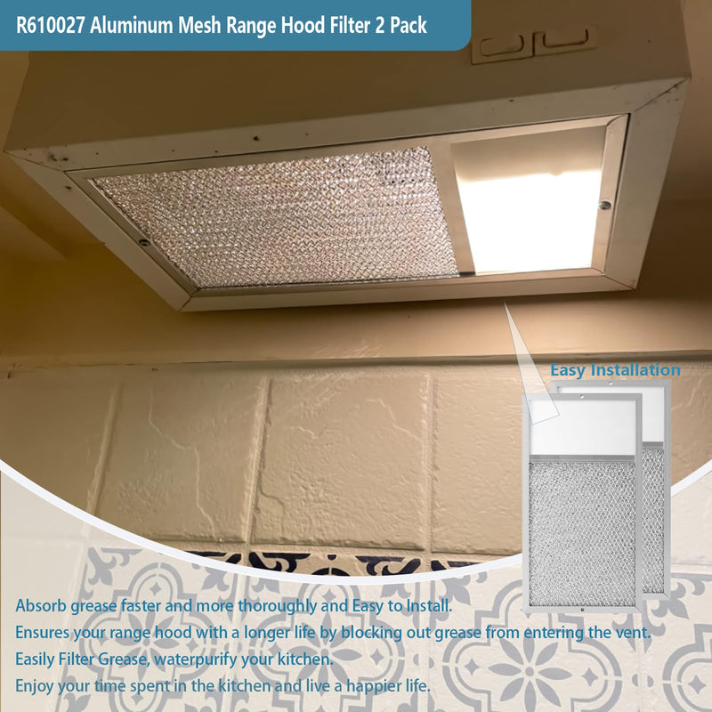 R610027 Range hood Filter with Light Lens Replacement For Broan range hood R610027 SR610027 1568322 1568323 PM25WW PM25BL AL9245 Aluminum Mesh Grease Filter 7-5/8" x 14-1/8" x 3/8" 2 Pack