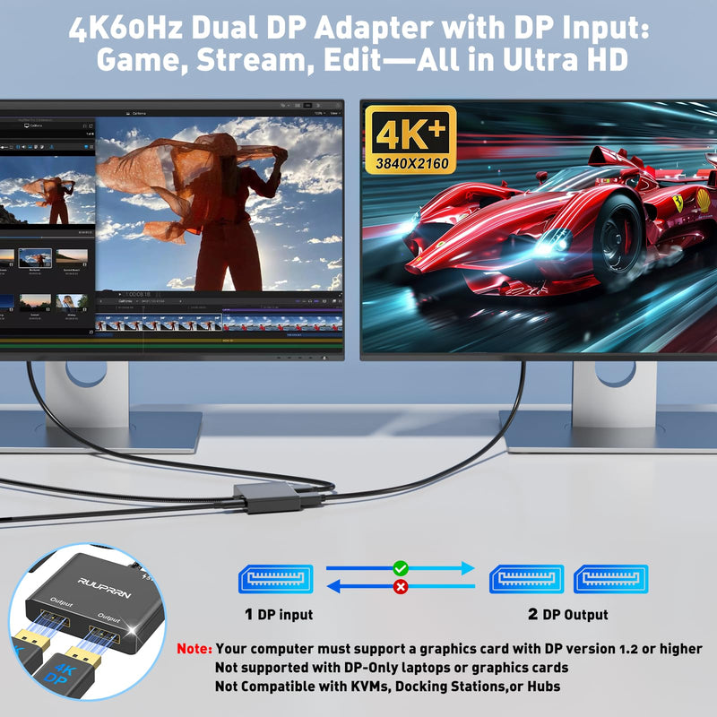 4K@60Hz DisplayPort to Dual DisplayPort Splitter for Dual Monitors Adapter | DisplayPort Mst Hub, DP 1.4 to Dual DP Adapter 1 in 2 Out Extended Display Port Splitter for PC, NVIDIA, AMD Graphics Card 4k DP to dual DP adapter