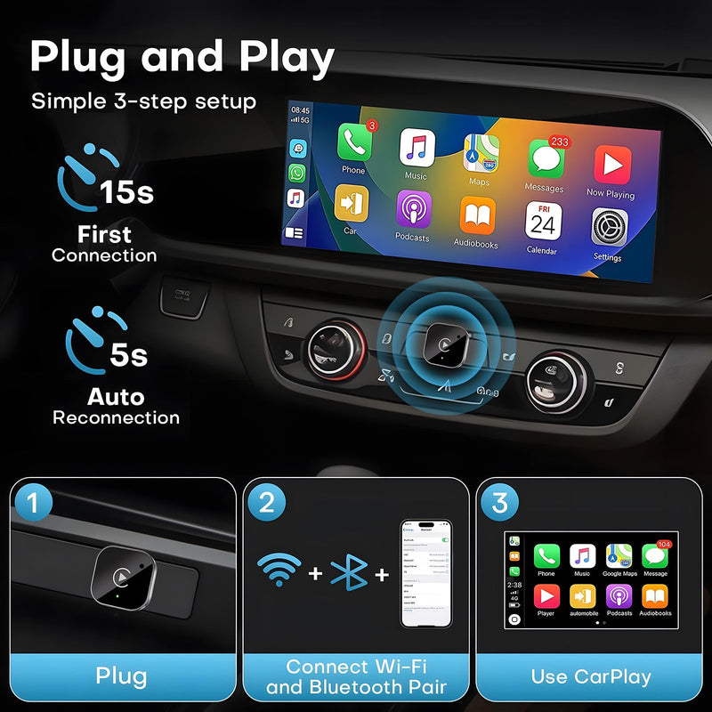 USB C Wireless CarPlay & Android Auto Adapter, Wired to Wireless Dongle | Plug & Play Compatible with iPhone & Android Smartphones,WiFi 6.0 Stable Connection & No Latency.
