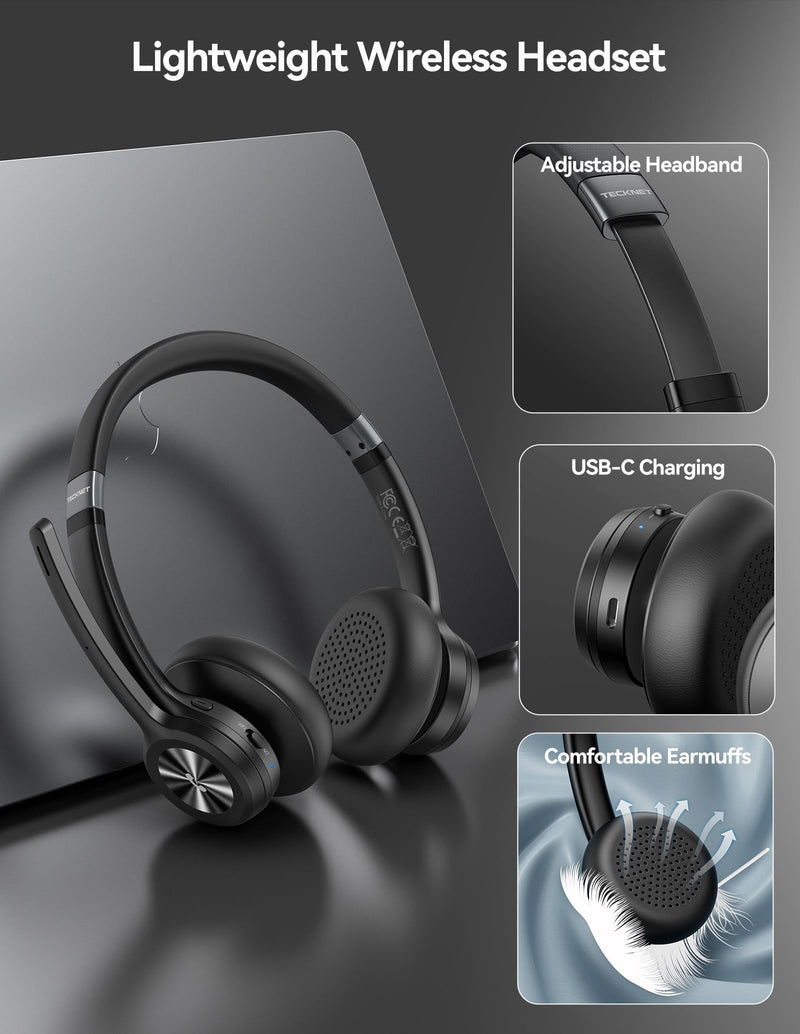 [AUSTRALIA] - TECKNET Wireless Headset, Bluetooth Headset with Noise Cancelling Microphone - Rechargeable Bluetooth V5.2 Headphones, 50H Playtime & Mic Mute, On Ear Headphones for Trucker/Remote Work/Call Center Deep Black 