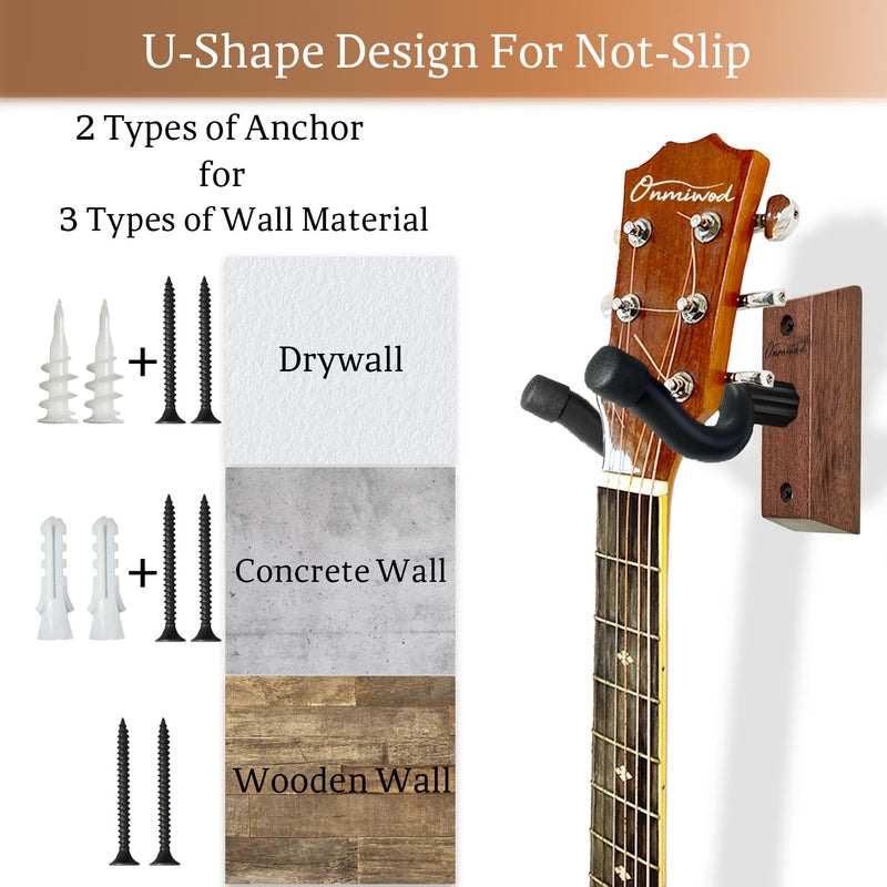 Guitar Wall Mount 3 Pack, Acacia Hardwood Guitar Hanger, U-Shaped Guitar Wall Hanger Mount, Guitar Holder Hook Stand Wall for Acoustic, Electric Guitar, Banjo, Bass, for Guitar Player Men Boy