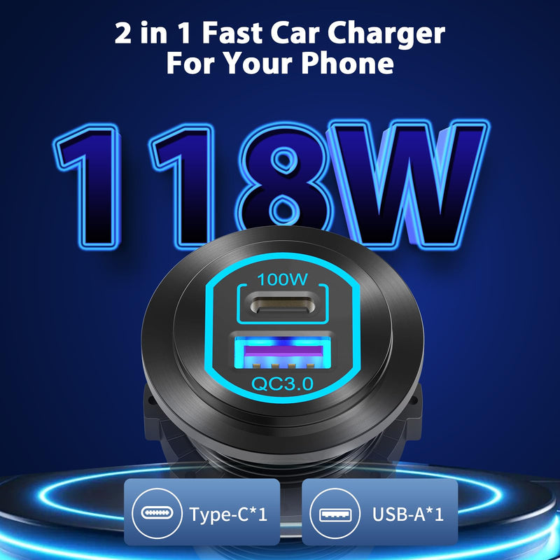 12 Volt USB C Outlet PD 100W Car USB Port for Laptop and QC3.0 18W Car Charger Socket Aluminum Alloy, Fast Charging Cigarette Lighter Replacement DIY Accessary for RV MarineTruck Boat Golf