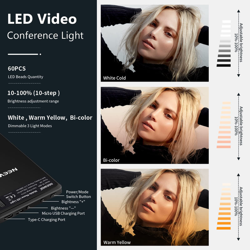 NEEWER Selfie Light with Front & Back Phone Clip, High Power 60 LED 2000mAh Rechargeable CRI 95+, 3 Light Modes, Portable Clip on Light for Tablet/Laptop, Zoom Call TikTok Video Fill Light (NL-60AI) Bi Color