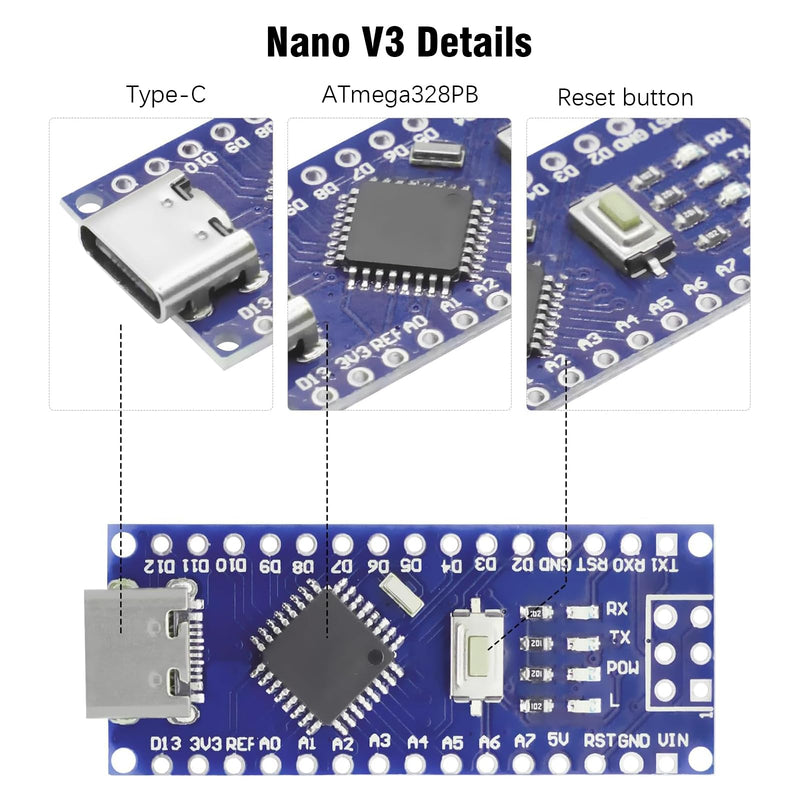 [AUSTRALIA] - Nano V3.0 Board with Cable, AYWHP 5PCS Nano Board ATmega328P, CH340G Chip 5V 16M, Microcontroller Compatible with Arduino Nano (USB C Port) 5 