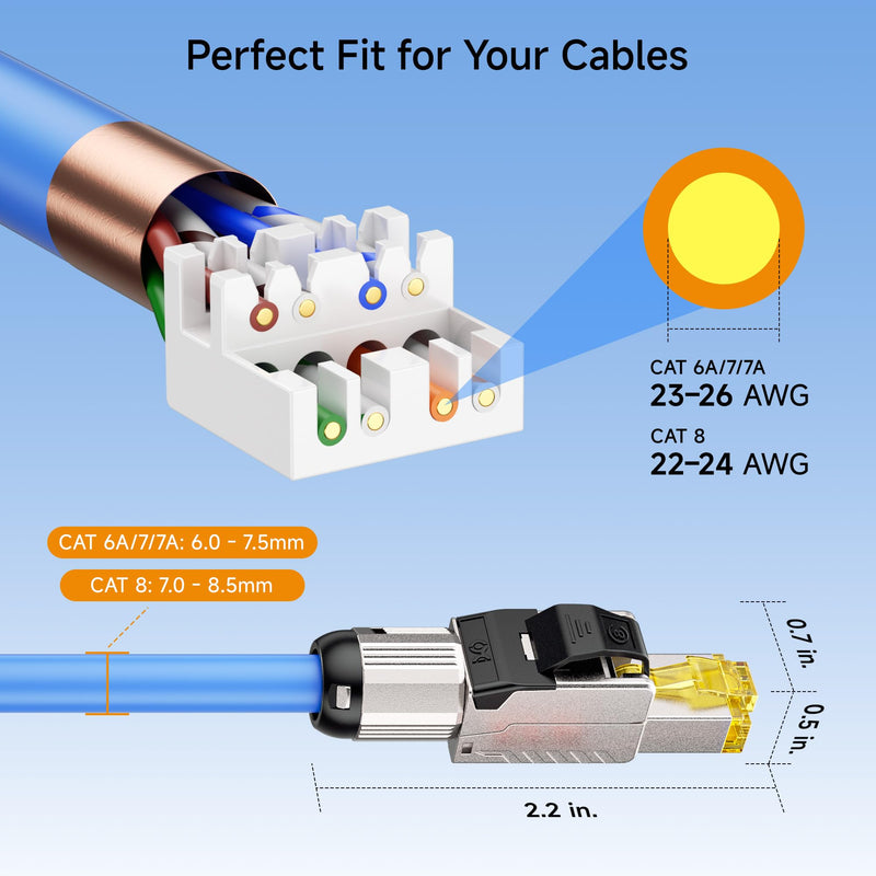 Cable Matters 40Gbps 6-Pack Tool Free Shielded RJ45 Cat 8 Termination Plug | Cat8 Field Termination Plug, Cat 8 Connector, Cat8 Plug