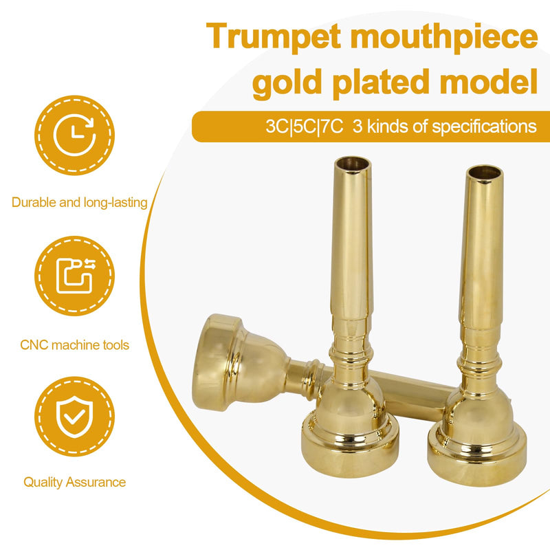 3C 5C 7C Trumpet Mouthpiece Instrument Mouthpieces, Gold-plated Trumpet Mouthpiece Replacement - For Beginners & Professionals, Trumpet Instrument Accessories 3C 5C 7C Gold