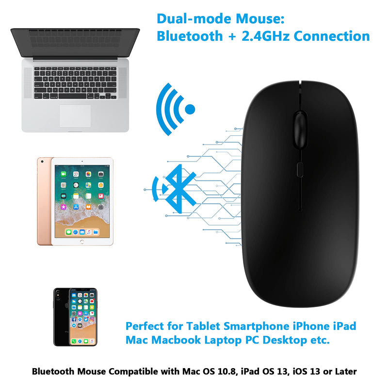 Bluetooth Mouse, Rechargeable Computer Wireless Mouse for MacBook Pro/ MacBook Air Laptop Desktop PC Mac iMac iPad iPhone Tablet Cell Phone Windows Android Portable Silent 2.4G Cordless Mice (Black) Black