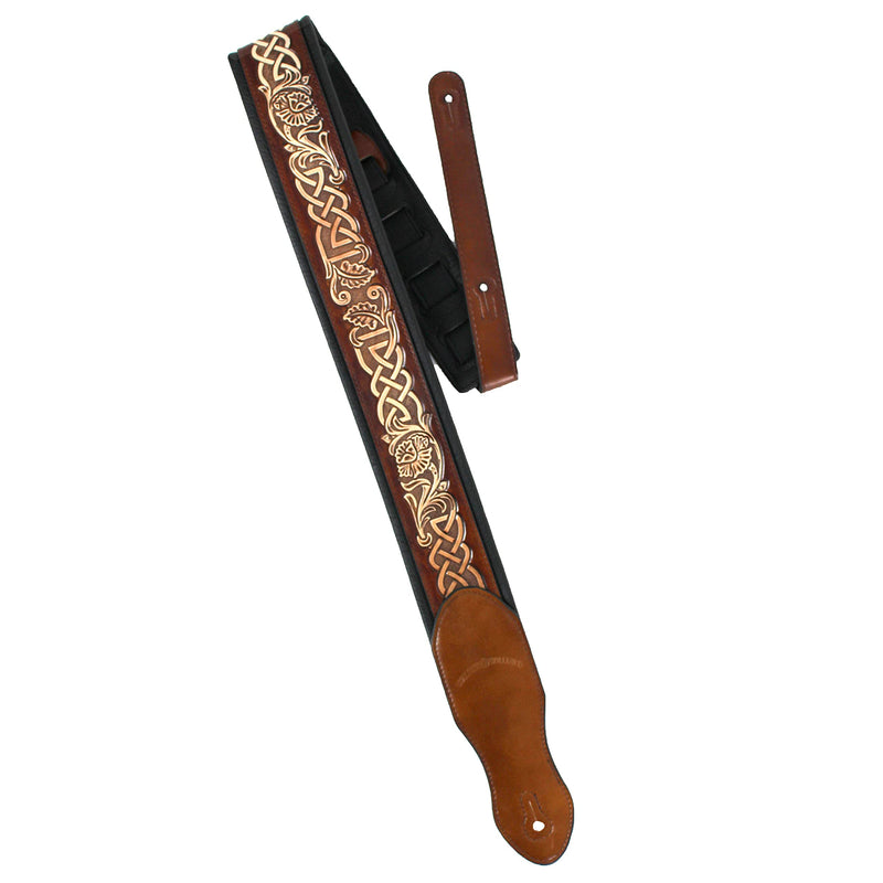 Walker & Williams KB-05-TAN Soft Brown Tan Full Grain Center Block Carving Leather Padded Guitar Strap With Aged White Celtic Chain For Acoustic, Electric, And Bass Guitars