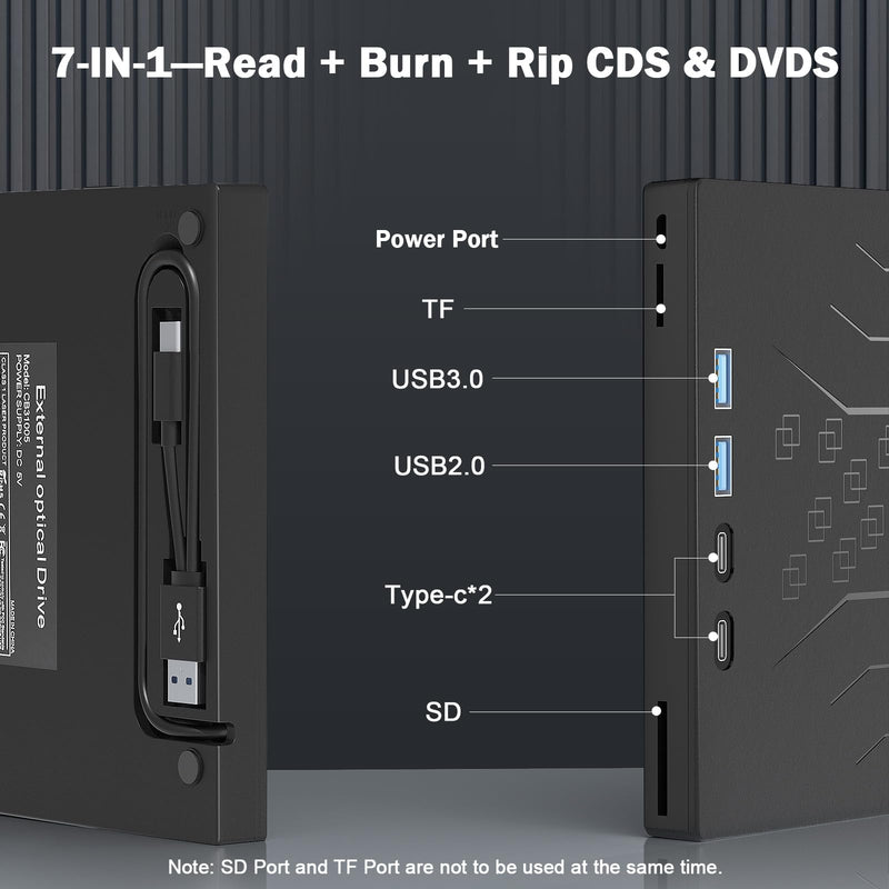 Wbacon 7 in 1 External CD/DVD Drive for Laptop, USB 3.0 External CD Drive | CD DVD +/-RW Disk Drive, Portable CD/DVD Player Burner Reader Writer for Laptop Desktop PC Windows 11/10/8/7/XP Mac Linux External DVD Drive