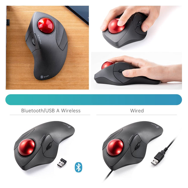 SANWA Wired Trackball Mouse, Index Finger Roller Ball Mouse for Large Hands | Silent Click, Programmable with Software, Mouse with Ball 44mm, Ergonomic, 600/800/1200/1600 DPI, Compatible Win, Mac, PC