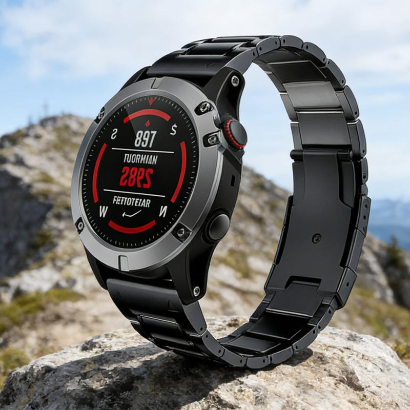Titanium Garmin QuickFit 22mm Watch Band, 5-Link Bracelet, Black | MaKTech Lightweight Outdoor Strap, Hidden Deployment Clasp, for Garmin Fenix 8 47mm/E 47mm/7/6, Instinct 2