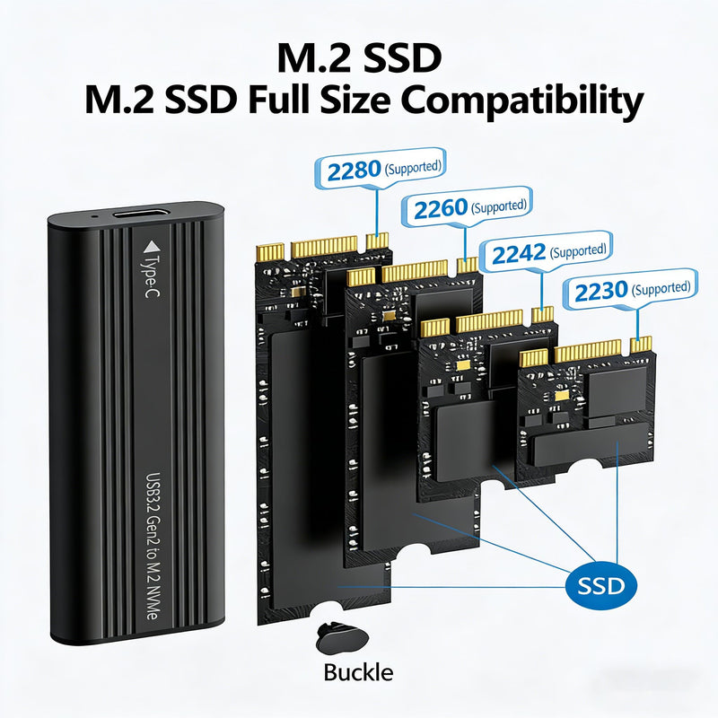 M.2 NVMe SSD Enclosure, USB 3.2 Gen2 10Gbps M.2 to USB-C Adapter, Aluminum PCIe External Case, Support 2230/2242/2260/2280 M/B&M Key SSD, UASP Trim for Mac Windows Linux(SSD Not Included)