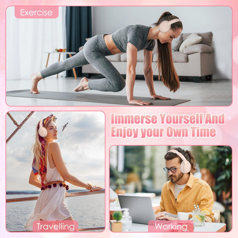 Active Noise Cancelling Headphones, Over-Ear Headphones Pink | Wireless Blutooth Headphones with100H Playtime, Built-in Microphone, Lightweight & Foldable, Deep Bass for Work/Gym/Travel