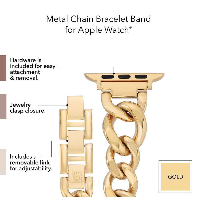 Anne Klein Fashion Chain Bracelet for Apple Watch, Secure, Adjustable, Apple Watch Replacement Band, Fits Most Wrists 42mm (Series 1-3), 44/45/46/49mm (Ultra & Ultra 2) Gold-Tone