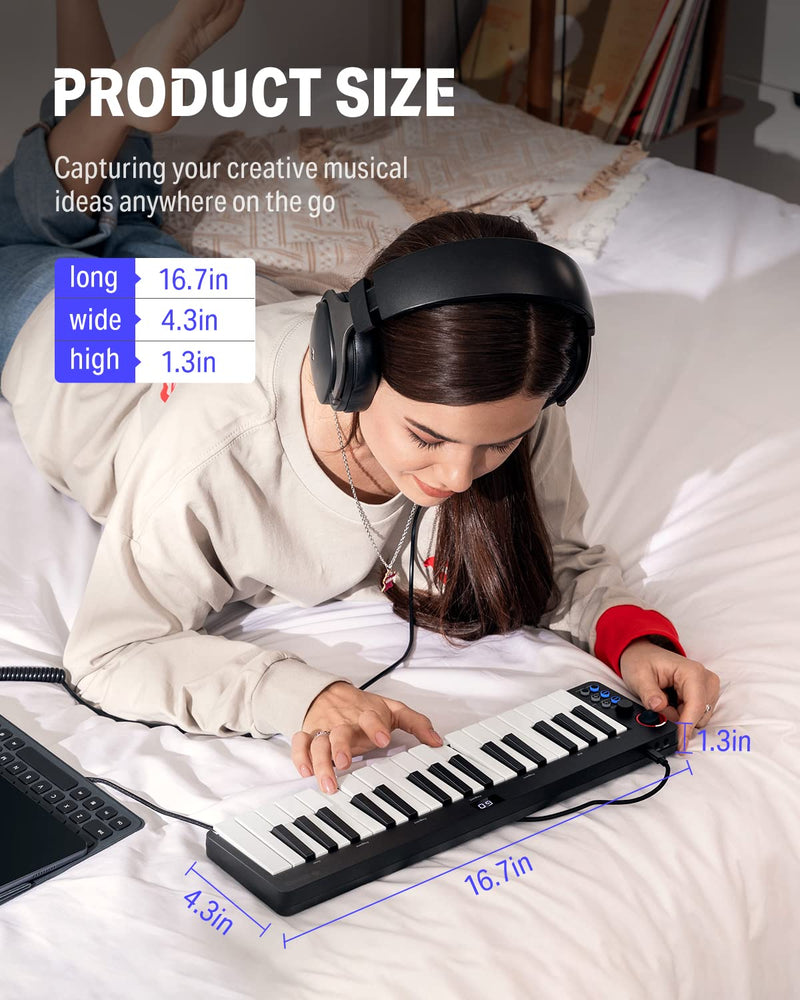 USB MIDI Keyboard Controller MINI 32-Key, Donner N-32 with Screen, Sequencer, Chord, Bend Sound Effects By Light-up Joystick for Mac/PC, Music Production Software, 40 Teaching Courses N32